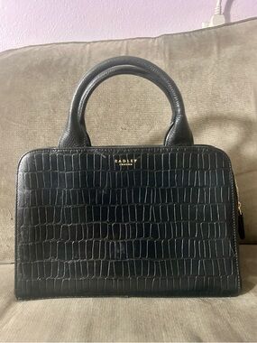 RADLEY LONDON Croc Embossed Top Handle Black Satchel Bag with Gold Chain